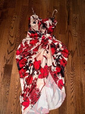 PrettyLittleThing Red Floral bustier top Dress
